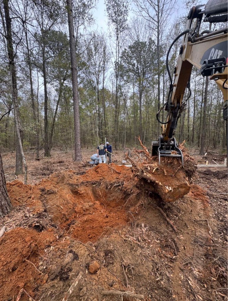 CAT excavator pulling massive stump with root ball — SAN Excavating stump removal